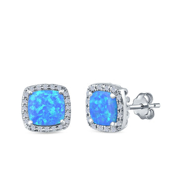 Halo Princess Cut Stud Earrings Lab Created Blue Opal Simulated CZ 925 Sterling Silver